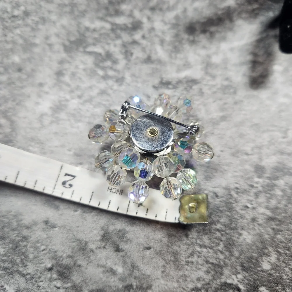 Vintage Aurora Borealis Crystal Bead Snowflake Brooch Silver Tone Iridescent